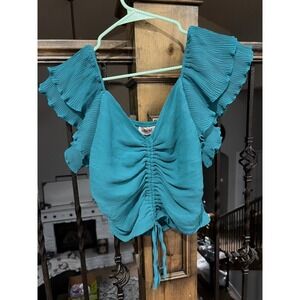 Willow + Root Teal Blue Pleated Ruffle Sleeve Ruched Drawstring Crop Top Women S
